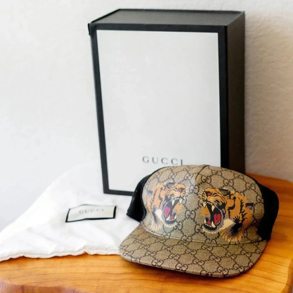 AUTHENTIC GUCCI GG LOGO TWIN TIGERS SUPREME CANVAS HAT BASEBALL CAP M/58 - Picture 1 of 10